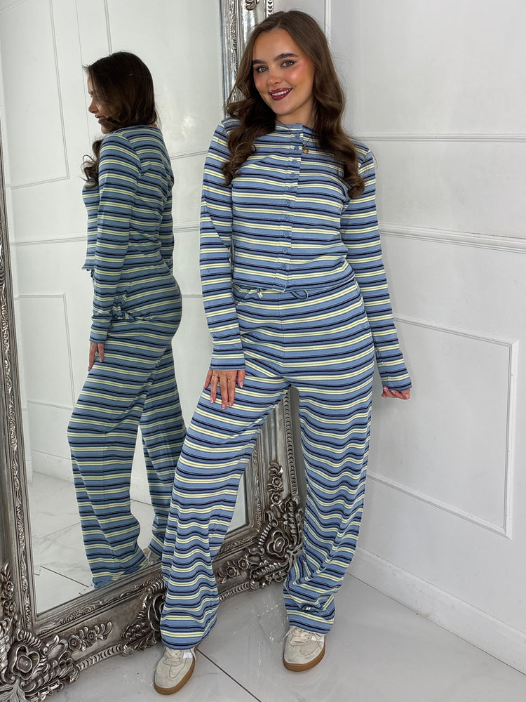 Striped Long Sleeve Button Up Detail Top & Wide Leg Pants Co-Ord - Baby Blue/Yellow
