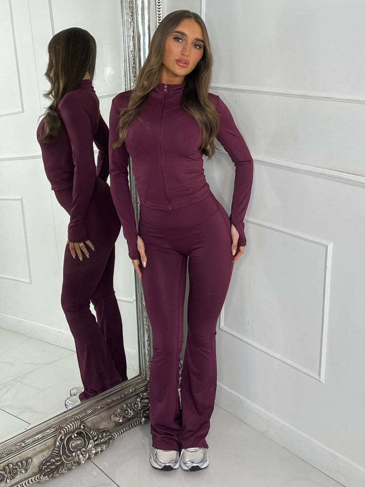 Sculpt Zip Up Jacket & Flares Set - Wine