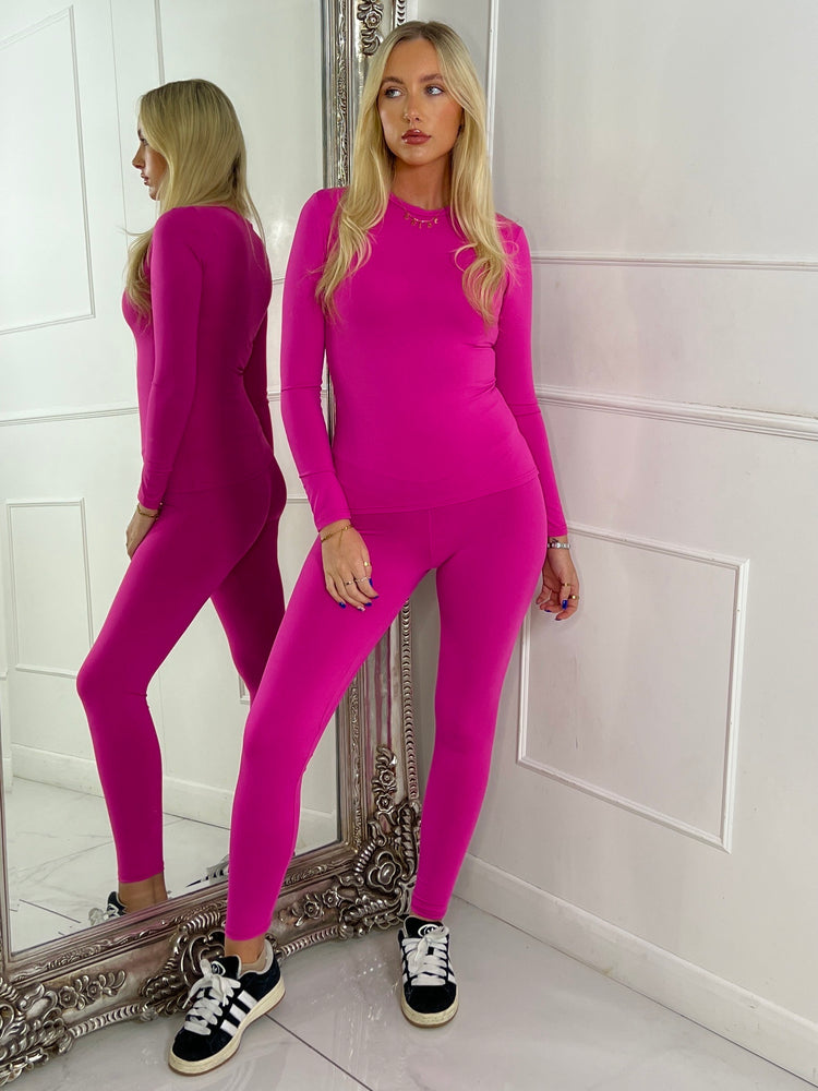 Round Neck Long Sleeve Second Skin Top & Sculpt Panel Leggings - Hot Pink