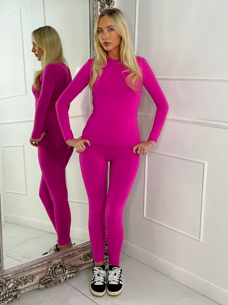 Round Neck Long Sleeve Second Skin Top & Sculpt Panel Leggings - Hot Pink