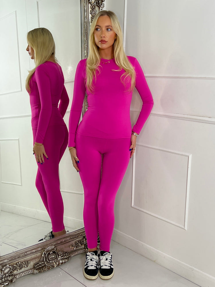 Round Neck Long Sleeve Second Skin Top & Sculpt Panel Leggings - Hot Pink