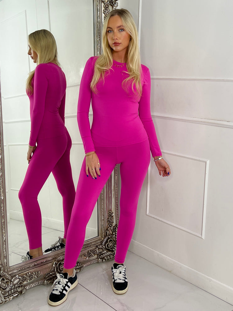 Round Neck Long Sleeve Second Skin Top & Sculpt Panel Leggings - Hot Pink
