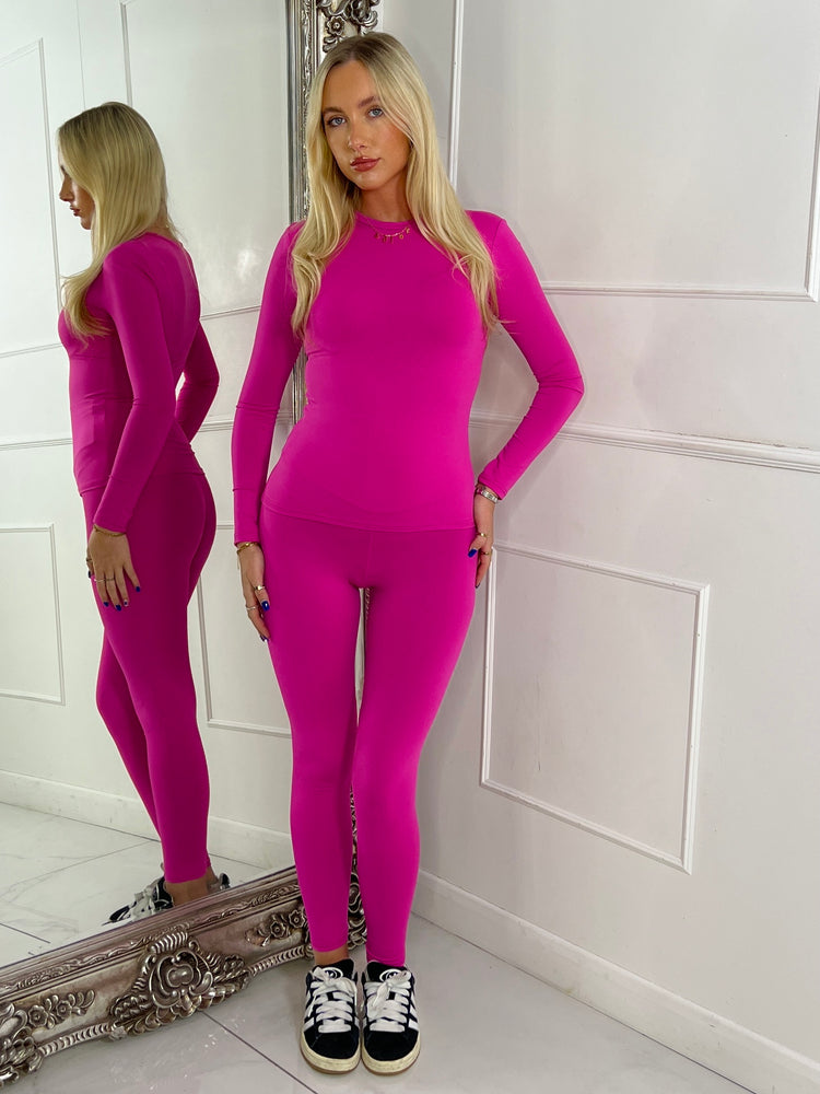 Round Neck Long Sleeve Second Skin Top & Sculpt Panel Leggings - Hot Pink