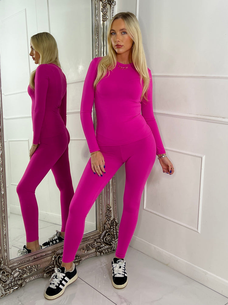 Round Neck Long Sleeve Second Skin Top & Sculpt Panel Leggings - Hot Pink