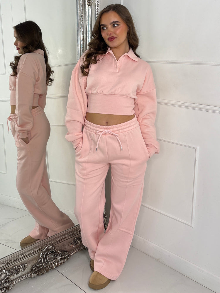 Cinch Waist Collared Cropped Jumper & Wide Leg Pants Co-Ord - Baby Pink