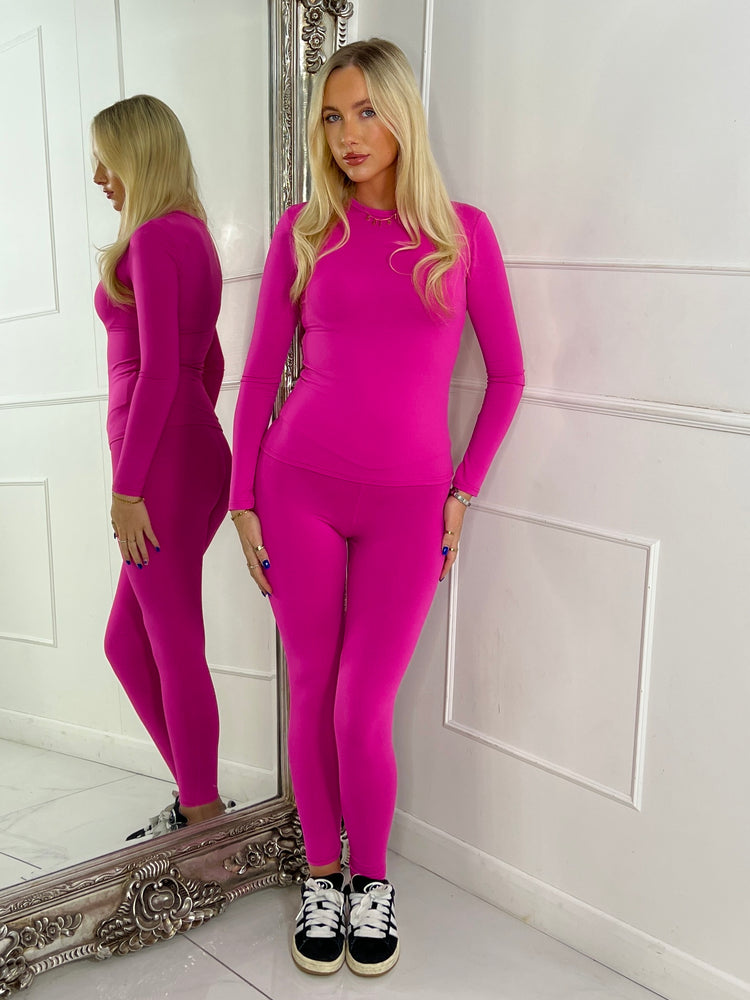 Round Neck Long Sleeve Second Skin Top & Sculpt Panel Leggings - Hot Pink