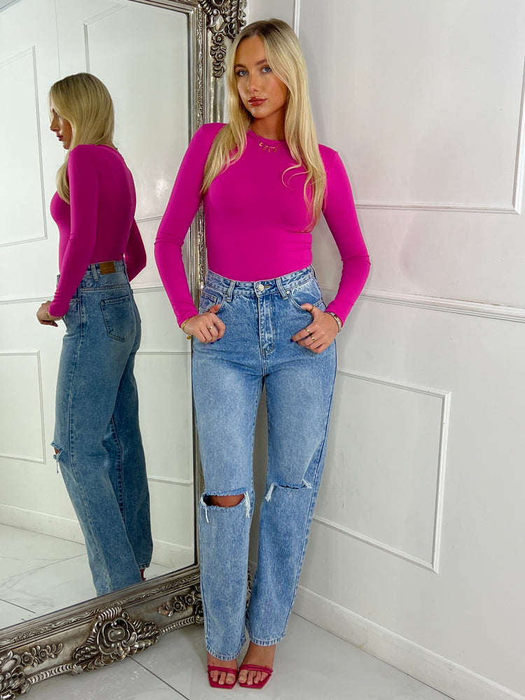 Round Neck Long Sleeve Top Second Skin - Hot Pink