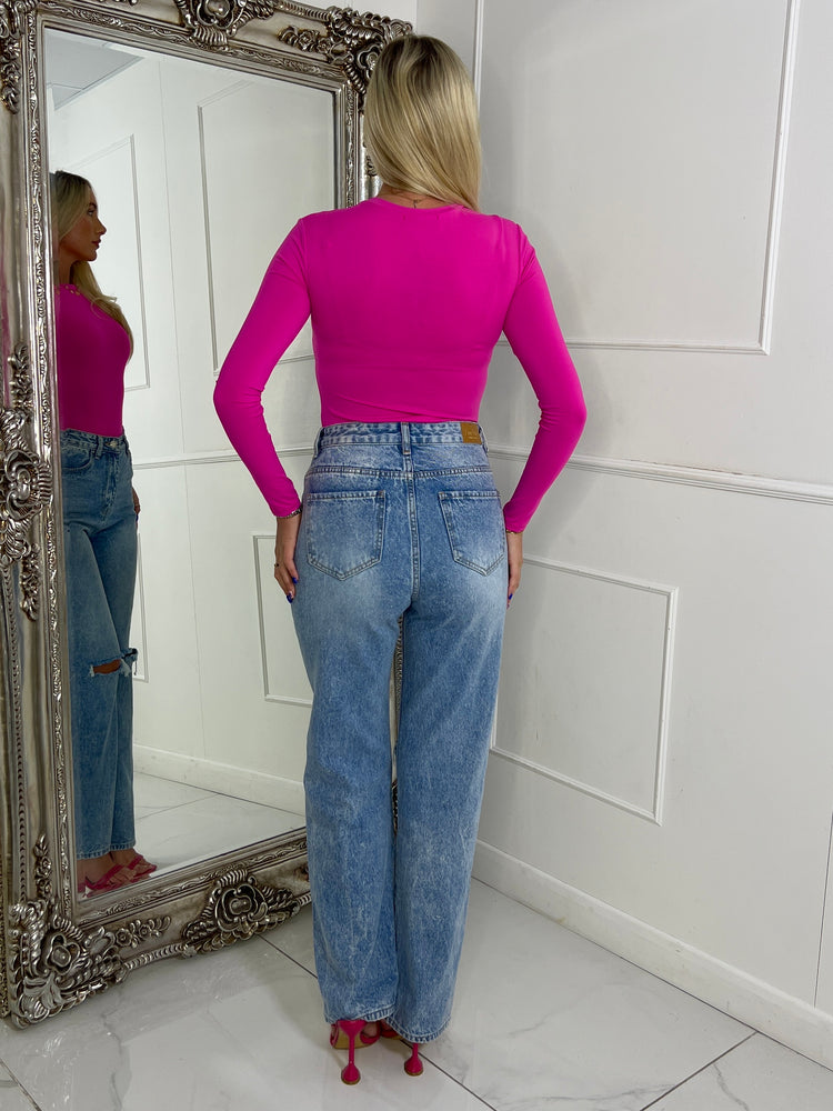 Round Neck Long Sleeve Top Second Skin - Hot Pink
