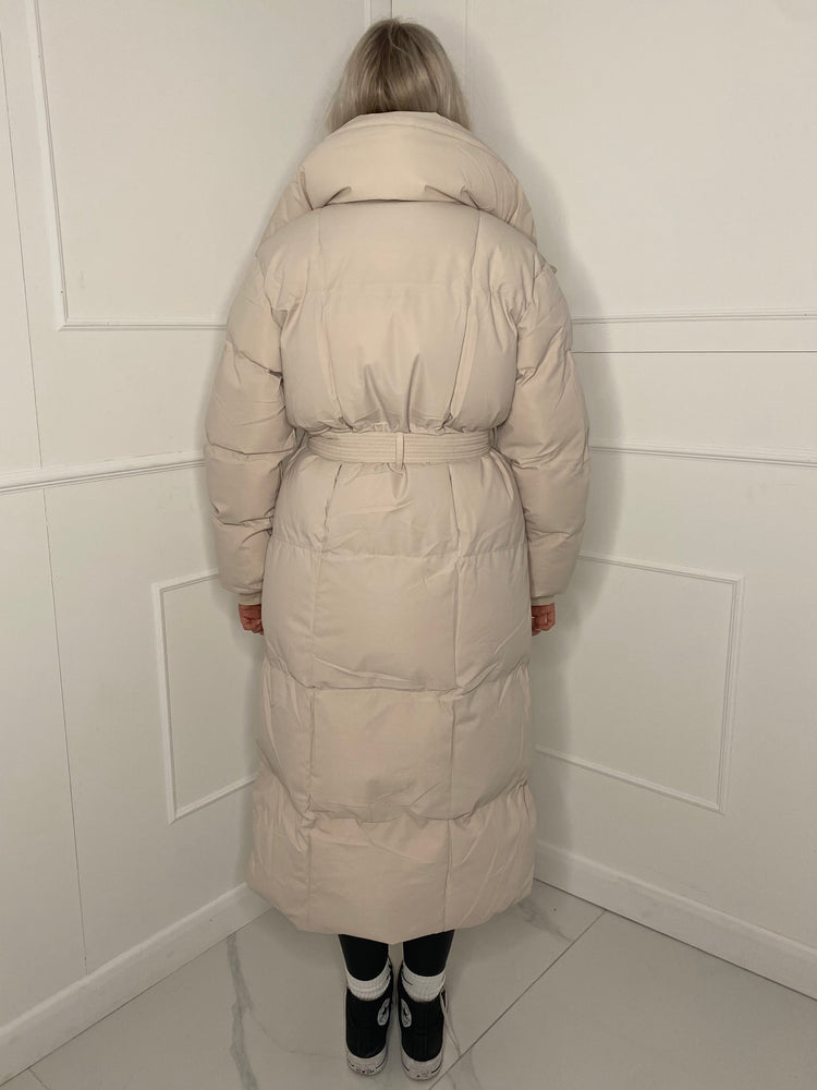 Long Belted Puffer Coat - Cream