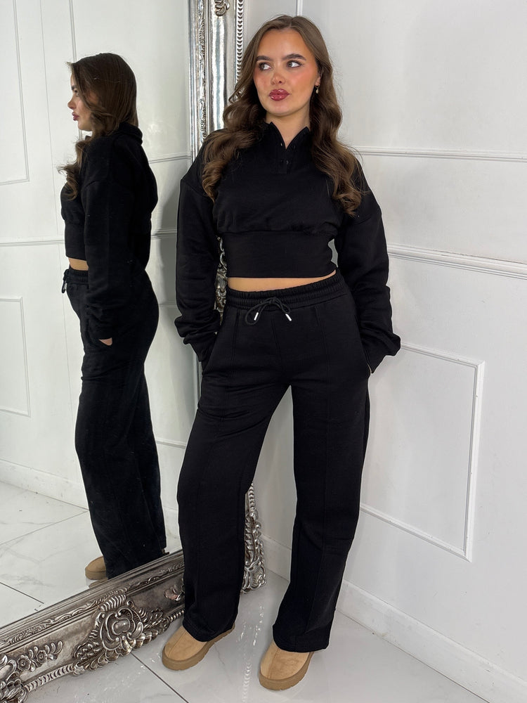 Cinch Waist Collared Cropped Jumper & Wide Leg Pants Co-Ord - Black