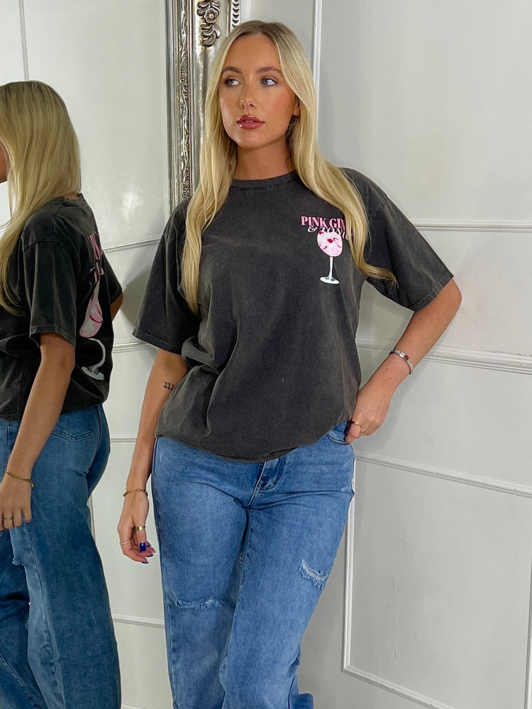 Pink Gin & Tonic Printed Tee - Acid Wash Charcoal