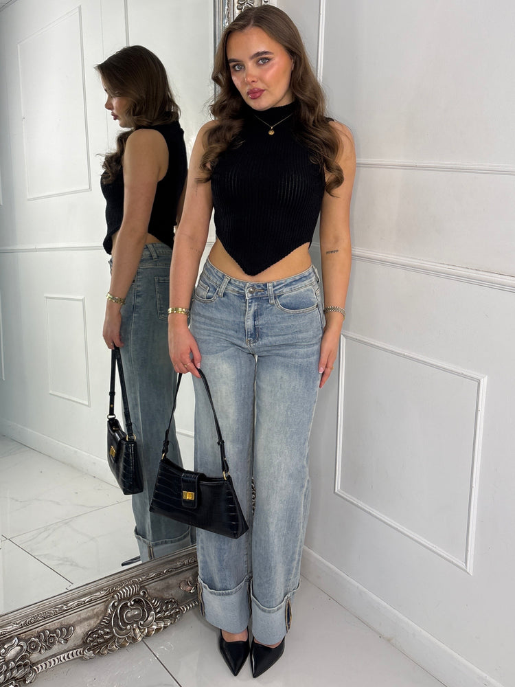 Low Waist Fold Over Hem Detailed Jeans - Washed Out Denim
