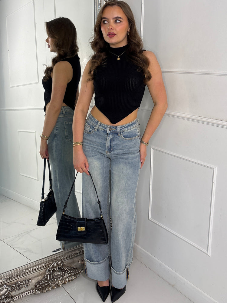 Low Waist Fold Over Hem Detailed Jeans - Washed Out Denim