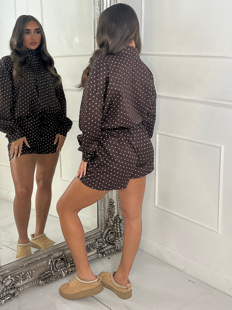 Polka Dot Zip Up Jacket & Elasticated Waist Shorts Set - Brown