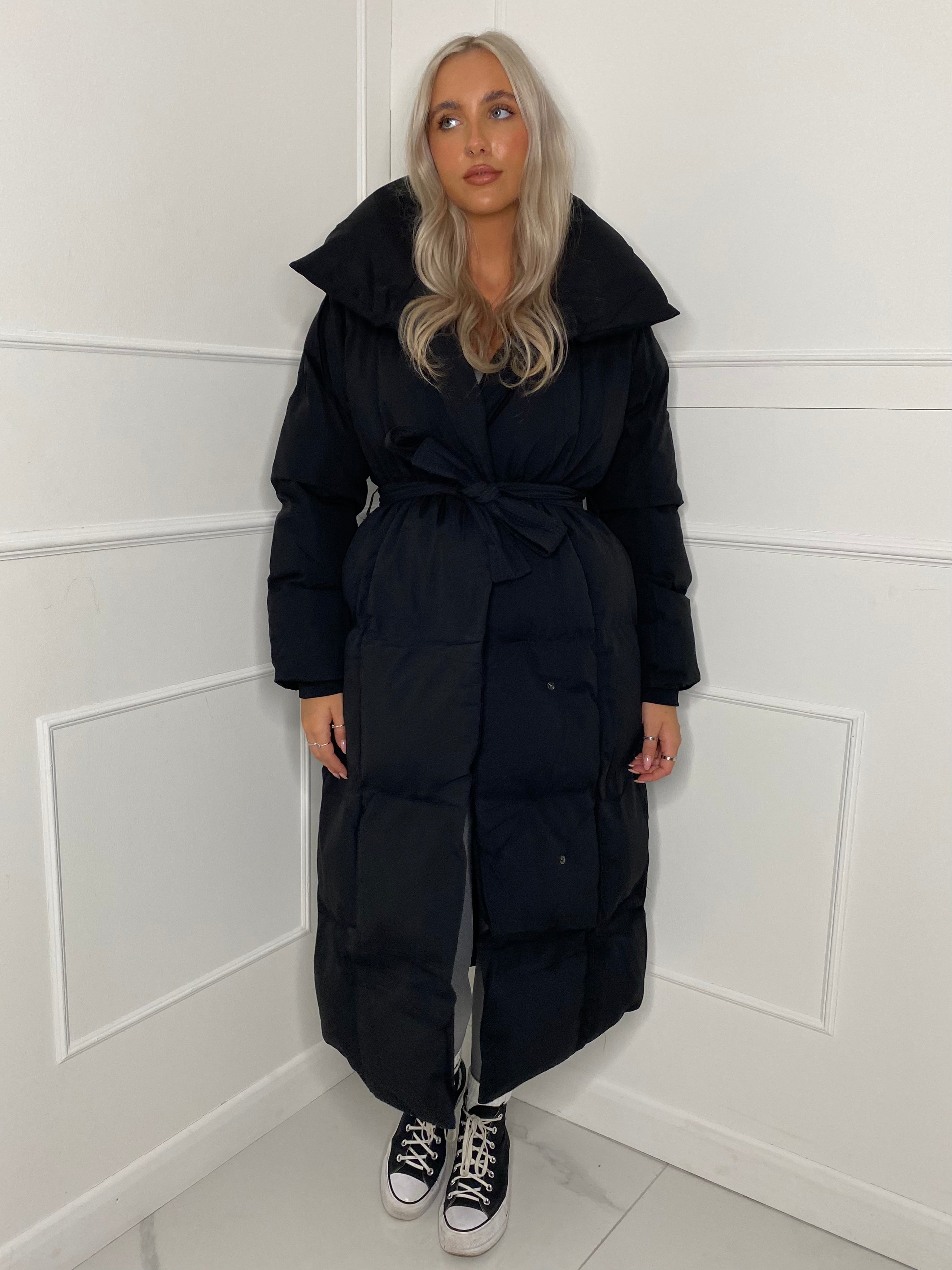 black shawl collar belted puffer coat