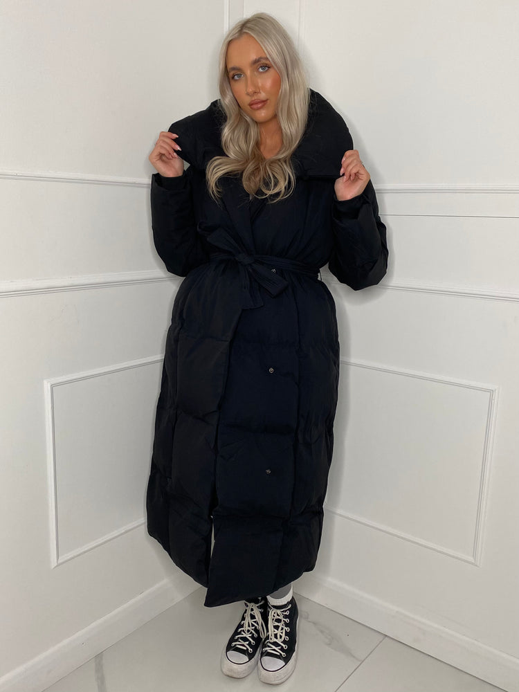 Long Belted Puffer Coat - Black