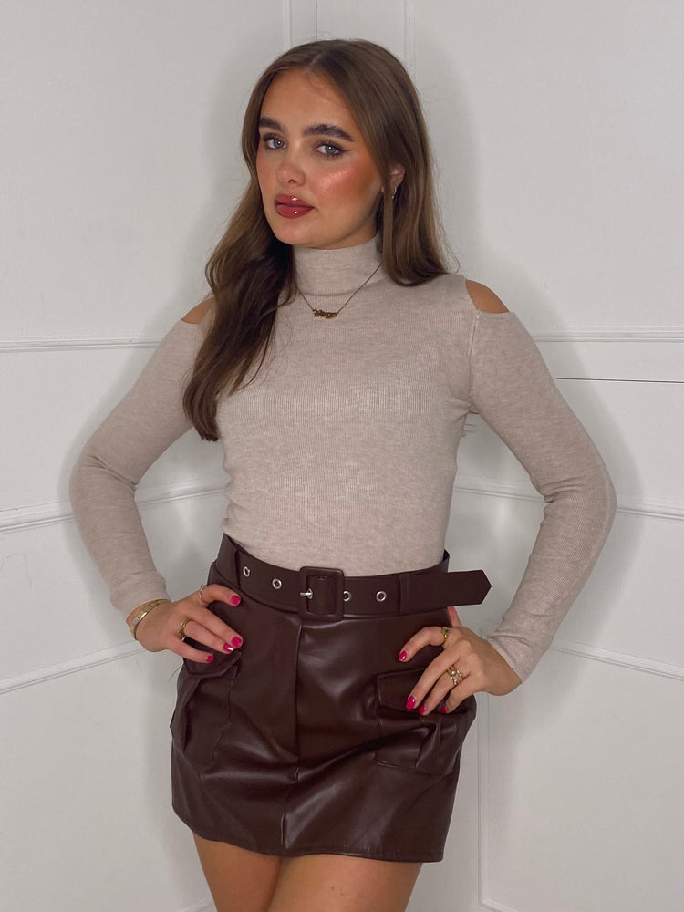Cut Out Shoulder Jumper - Beige