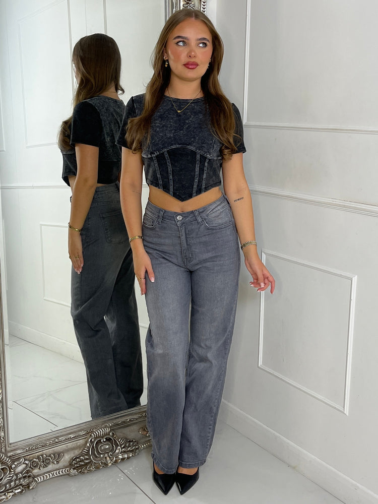 Cropped Corset Detail Acid Wash Top - Charcoal Grey