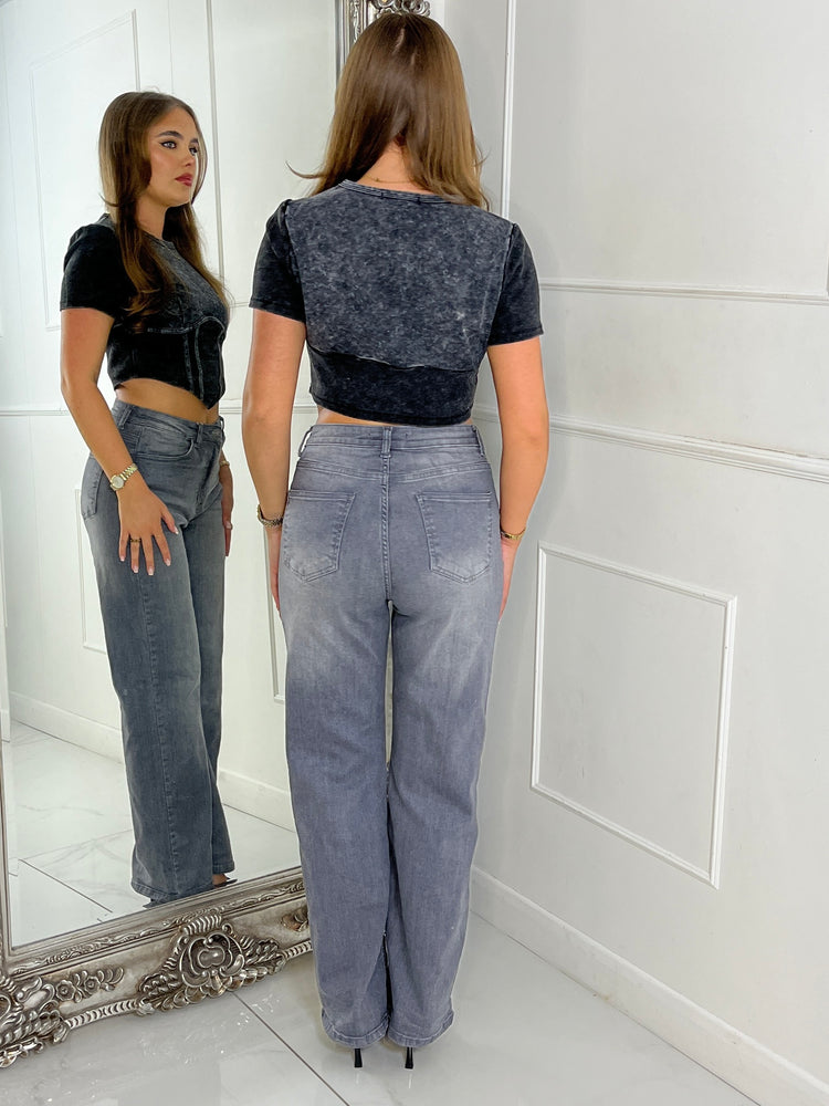 Cropped Corset Detail Acid Wash Top - Charcoal Grey