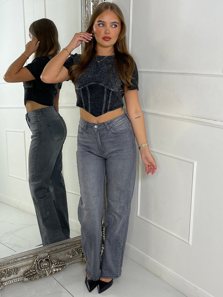 Cropped Corset Detail Acid Wash Top - Charcoal Grey