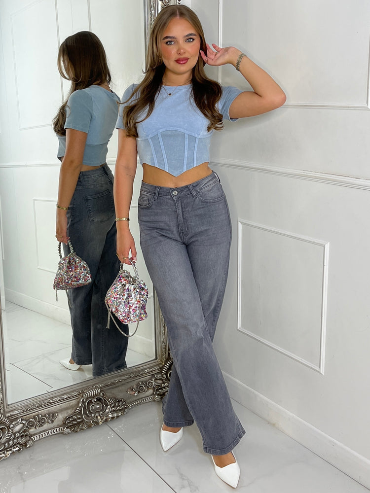 Cropped Corset Detail Acid Wash Top - Blue