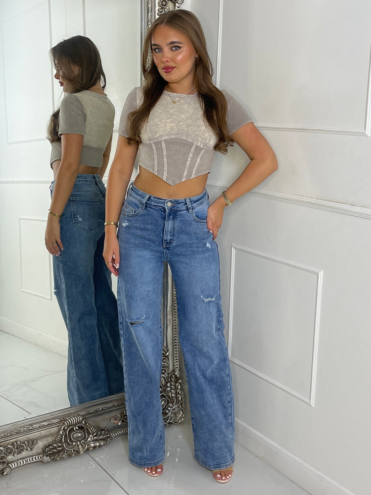 Cropped Corset Detail Acid Wash Top - Beige