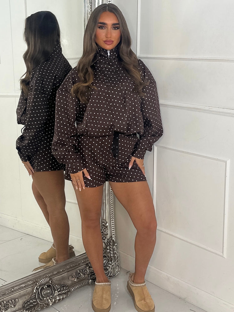 Polka Dot Zip Up Jacket & Elasticated Waist Shorts Set - Brown
