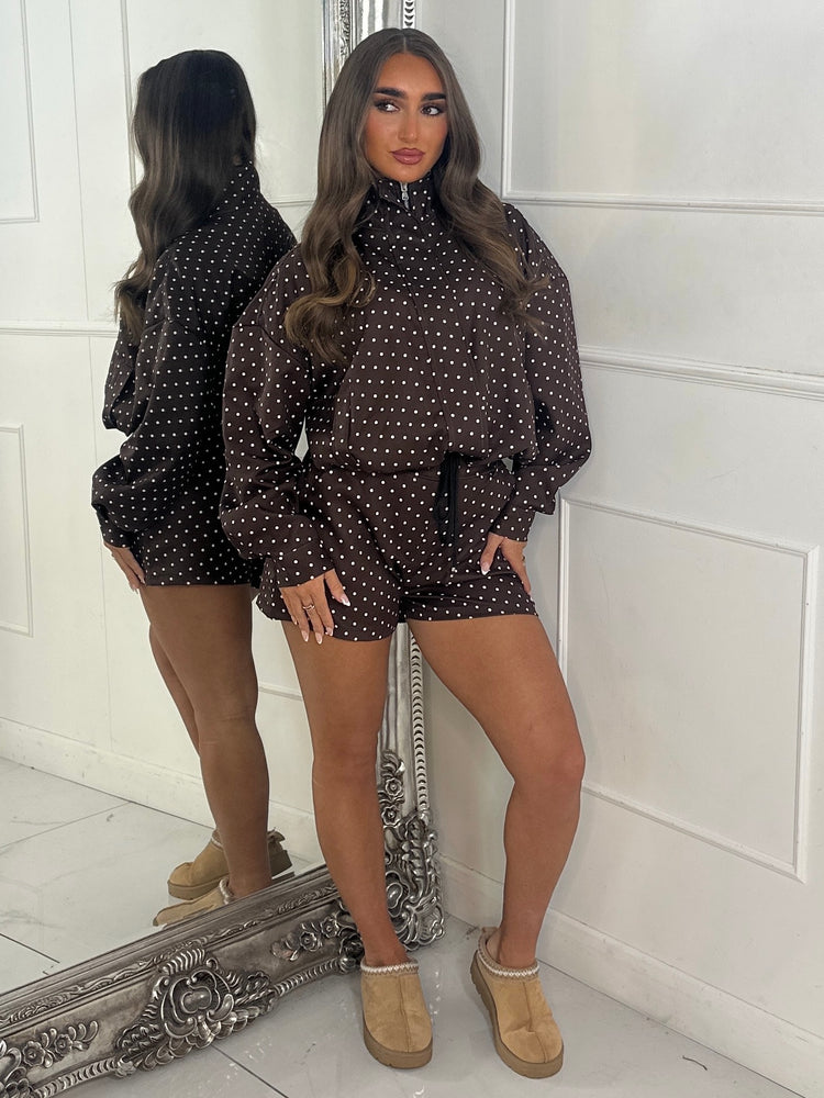 Polka Dot Zip Up Jacket & Elasticated Waist Shorts Set - Brown