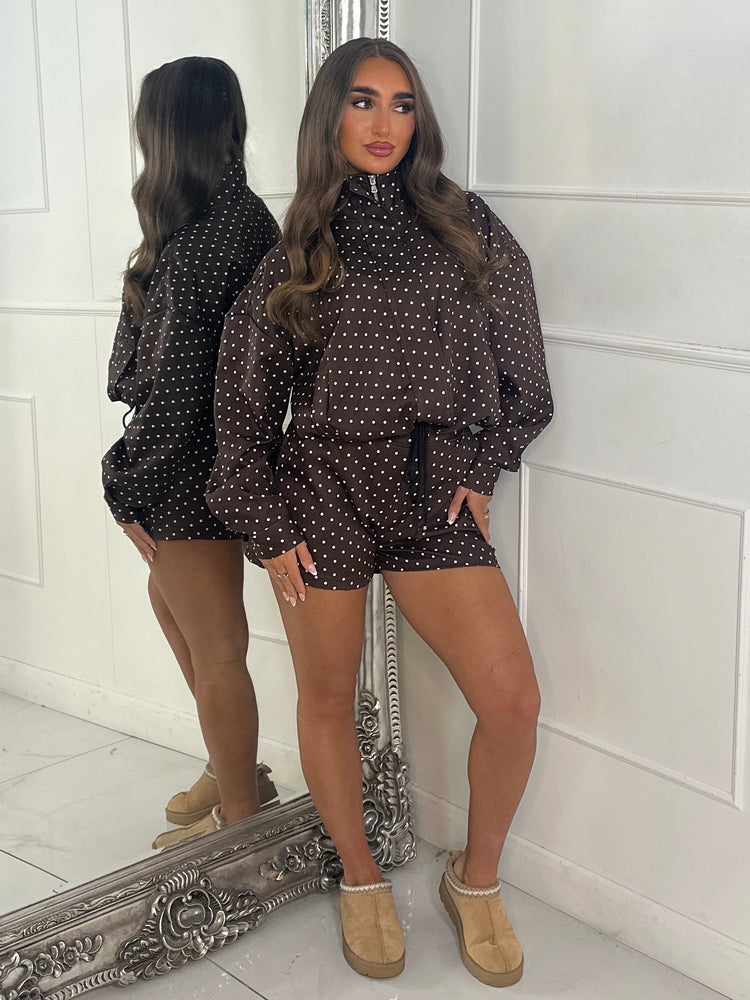 Polka Dot Zip Up Jacket & Elasticated Waist Shorts Set - Brown
