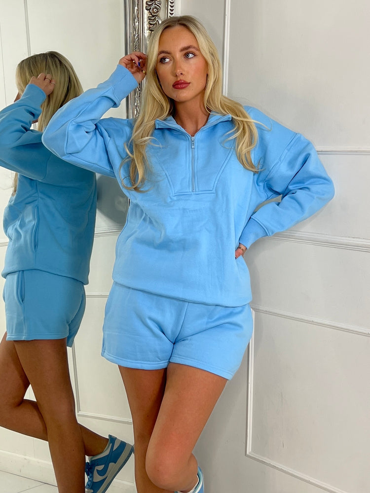 Half Zip & Matching Shorts Set - Baby Blue