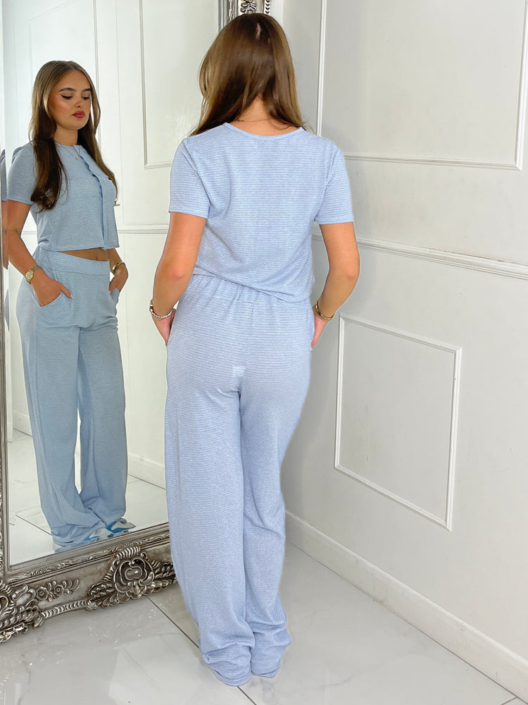 Patterned Round Neck Button Up Top & Wide Leg Pants Co-Ord - Baby Blue