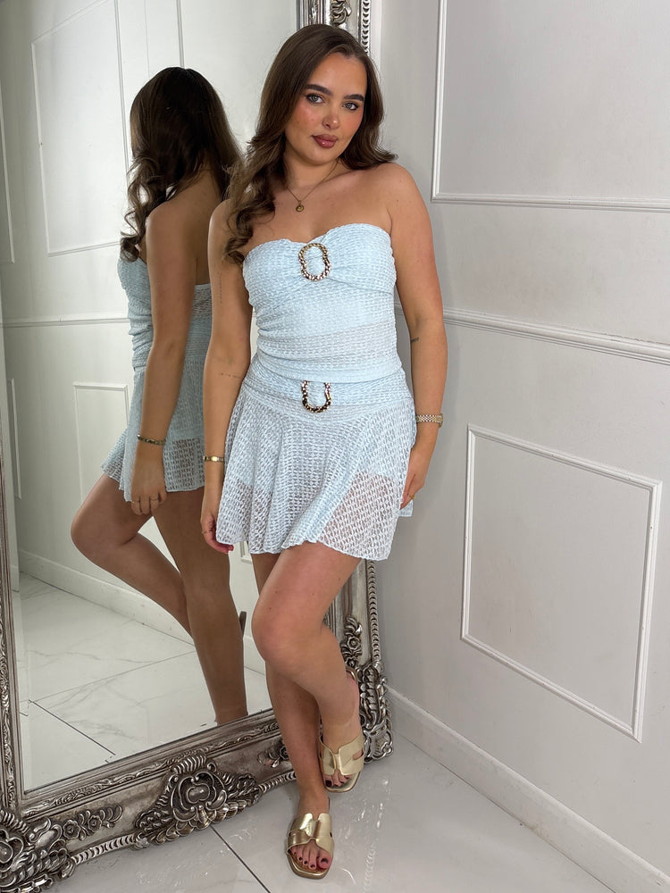 Gold Buckle Detail Lace Bandeau Top & Skort Co-Ord - Baby Blue