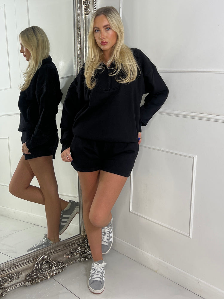 Half Zip & Matching Shorts Set - Black