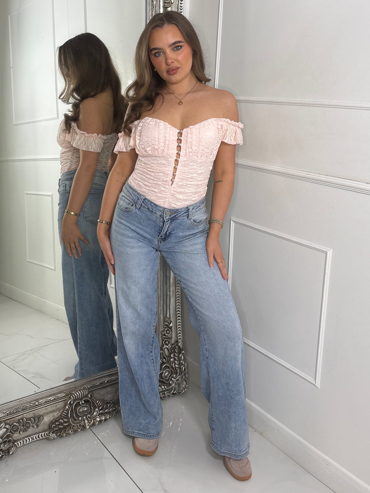 Frill Shoulder Sleeveless Gold Detail Lace Bodysuit - Baby Pink