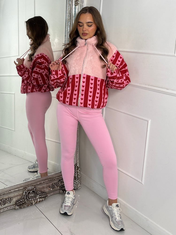 Zip Up Striped Heart Contrast Fleece Jacket - Pink/Red