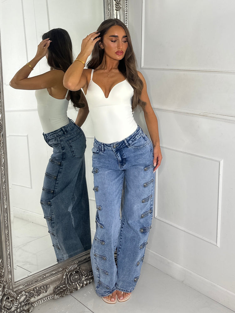 Dual Military Button Detail Wide Leg Denim Jeans - Blue