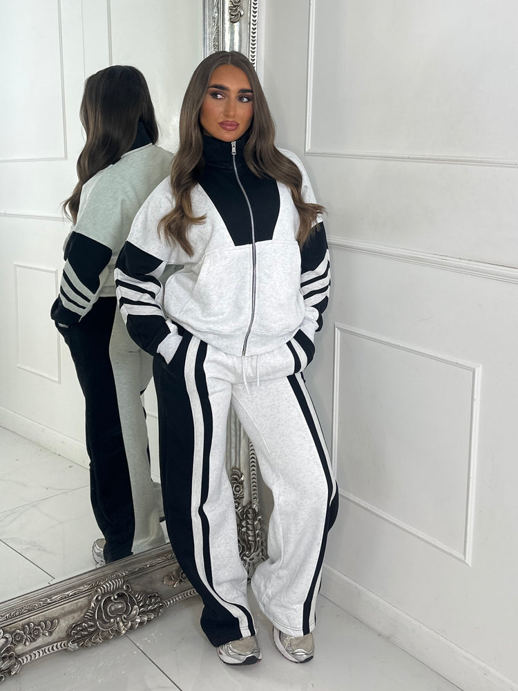 Block Colour Stripe Detail High Neck Tracksuit - Bleach Grey/Black