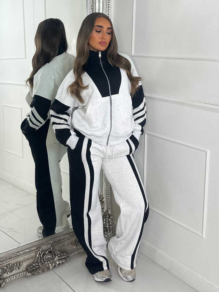 Block Colour Stripe Detail High Neck Tracksuit - Bleach Grey/Black