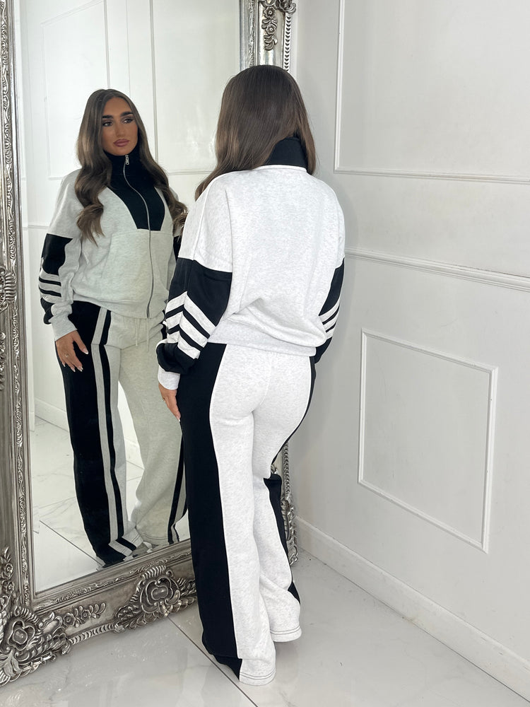 Block Colour Stripe Detail High Neck Tracksuit - Bleach Grey/Black