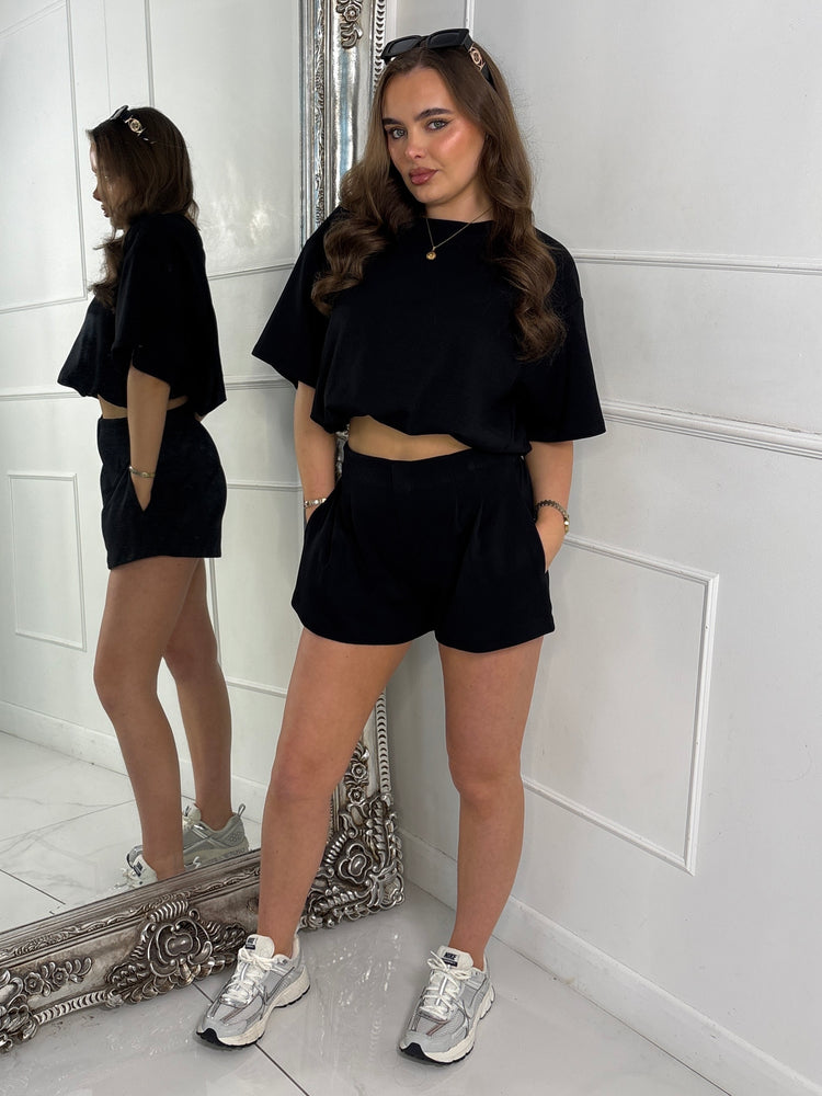 Elasticated Tailored Look Shorts & Oversized Crop Top Co-Ord - Black