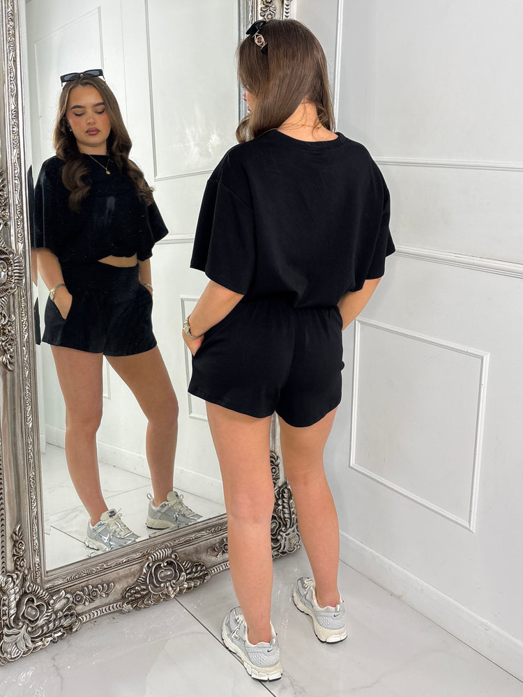 Elasticated Tailored Look Shorts & Oversized Crop Top Co-Ord - Black