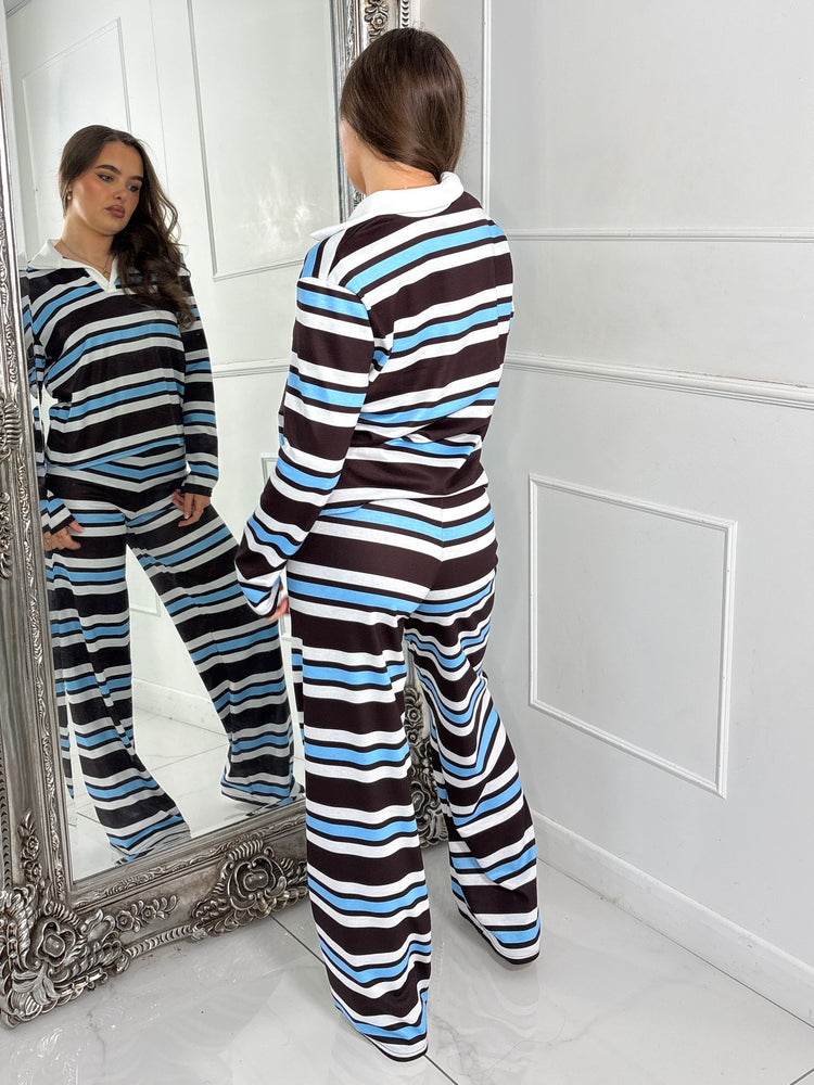 Striped Collared Long Sleeve Top & Wide Leg Pants Co-Ord - Baby Blue/Brown