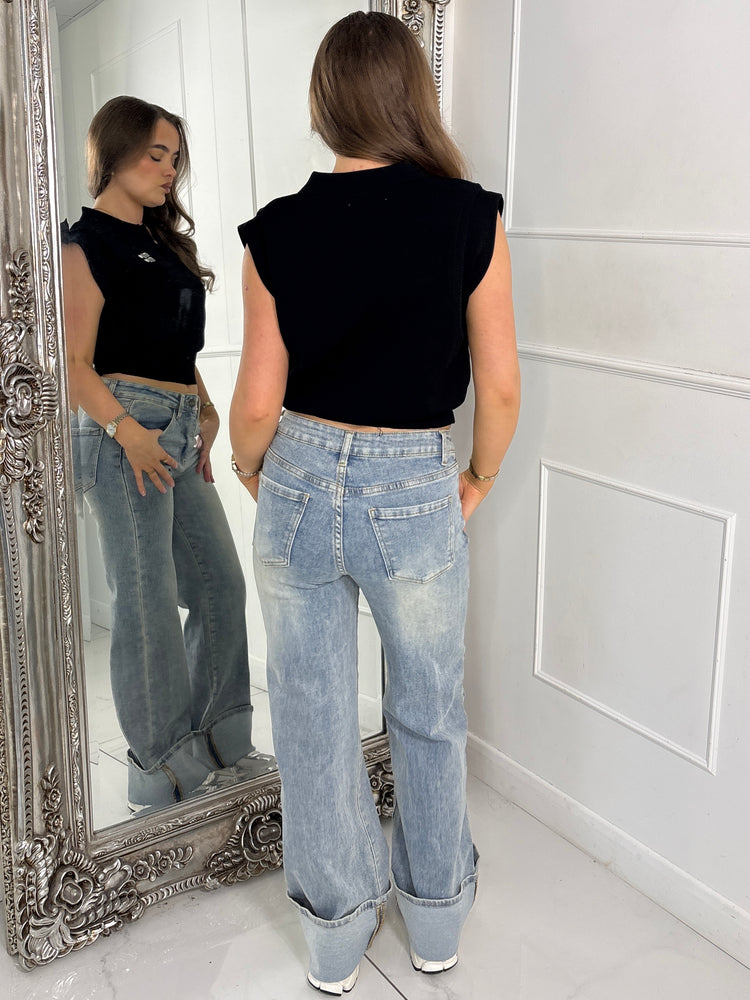 Slogan Detail Knitted Tank Top - Black