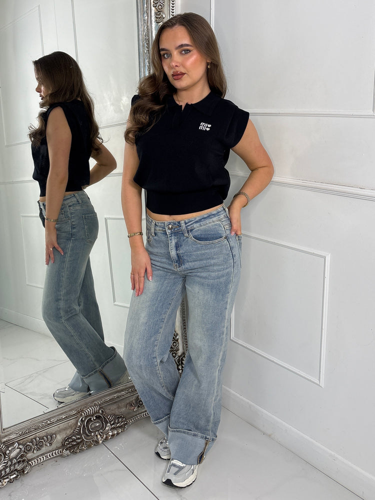 Slogan Detail Knitted Tank Top - Black