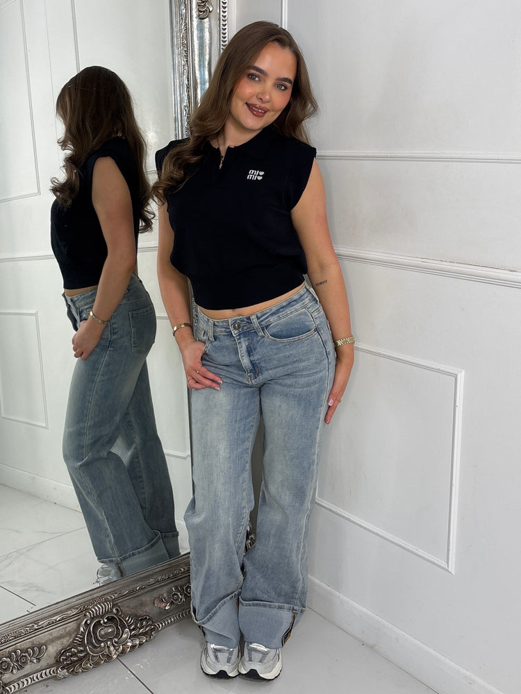 Slogan Detail Knitted Tank Top - Black