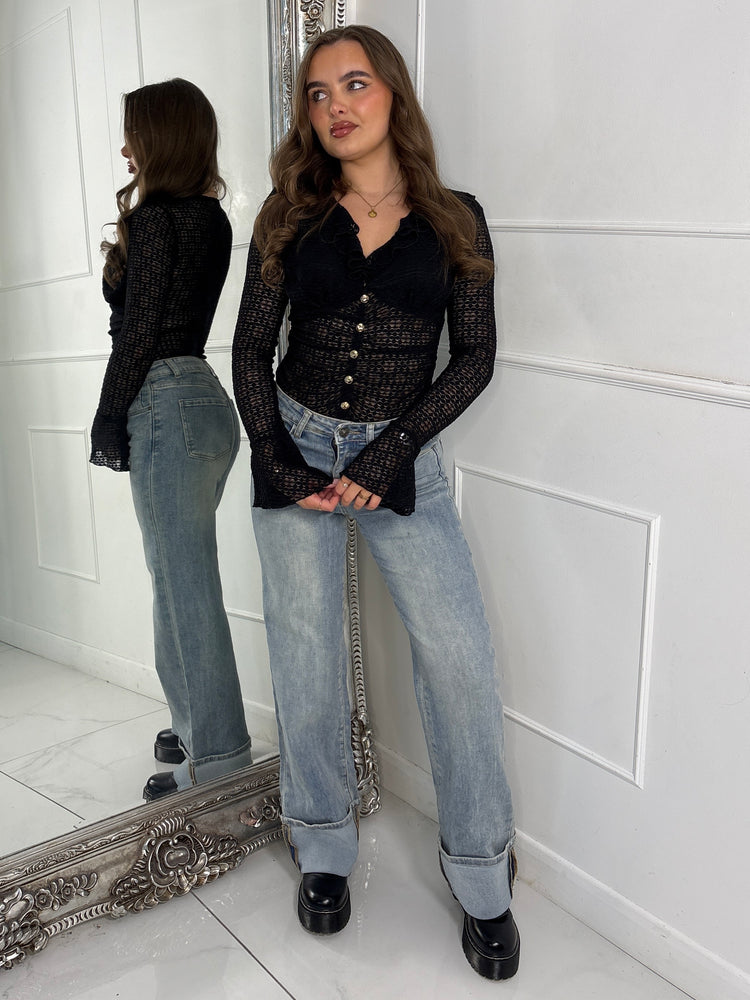 Frill Detail Gold Button Long Sleeve Lace Bodysuit - Black