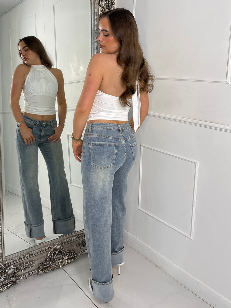 Halter Neck Ruche Detail Backless Top - White