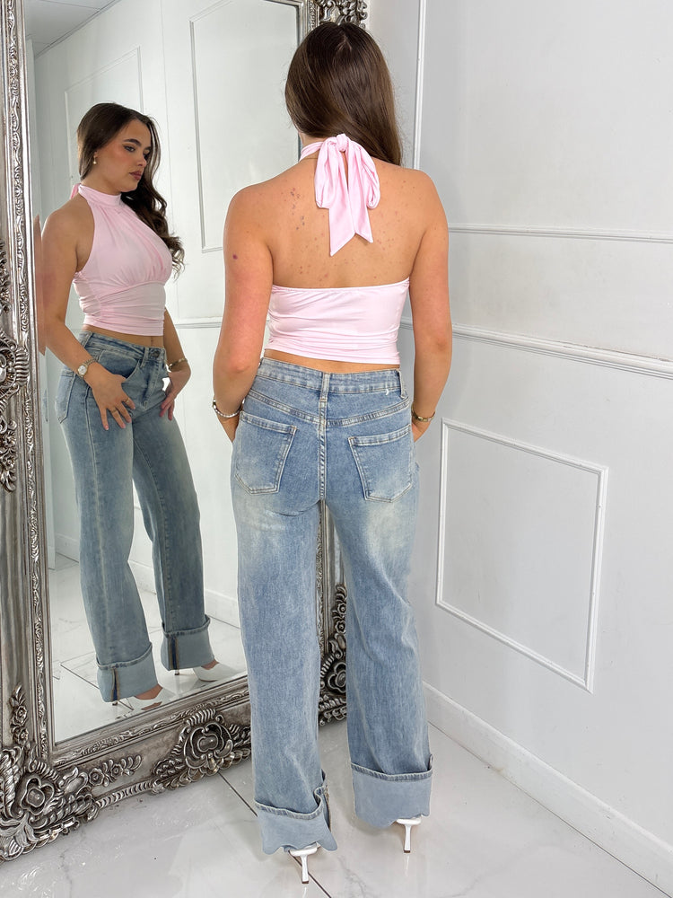 Halter Neck Ruche Detail Backless Top - Baby Pink