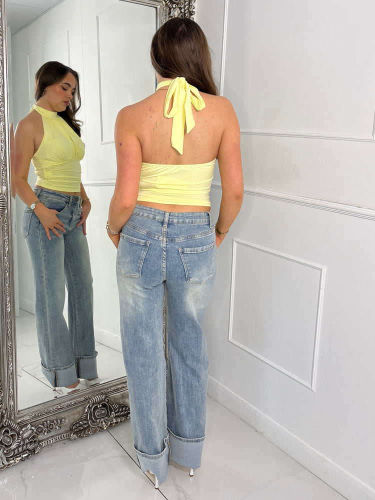Halter Neck Ruche Detail Backless Top - Lemon Yellow