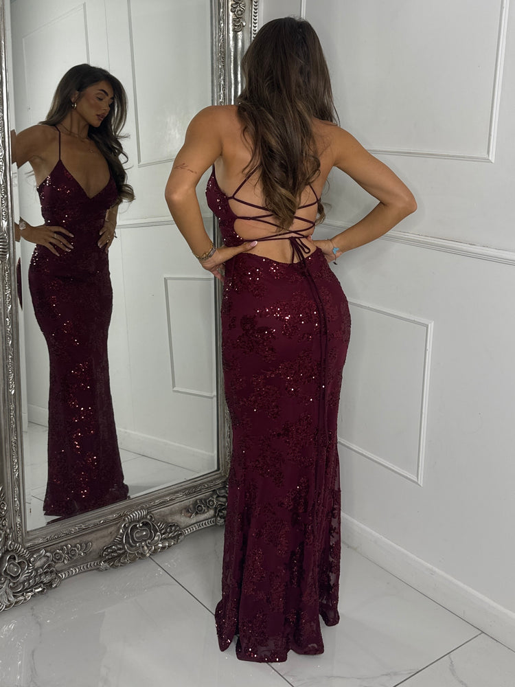 Strappy Lace Up Back Sequin Detail Maxi Dress - Wine